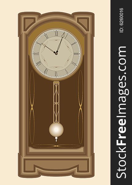 Brown wall-clock with roman numerals and pendulum. Brown wall-clock with roman numerals and pendulum