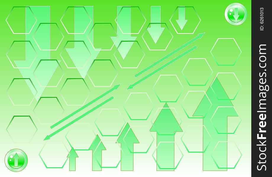Vector drawing of green arrows on a green background down, and up