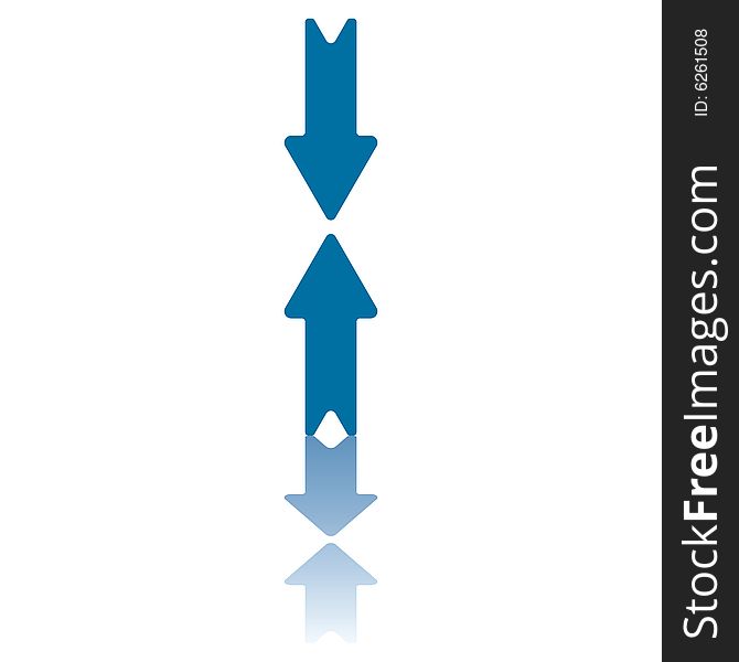 Two Aligned Vertical Arrows Pointing To Each Other and Reflecting on Bottom Plane. Two Aligned Vertical Arrows Pointing To Each Other and Reflecting on Bottom Plane