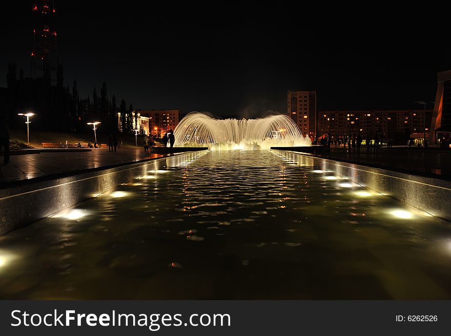 Night fountain of friendship in Ufa. Russian Federation