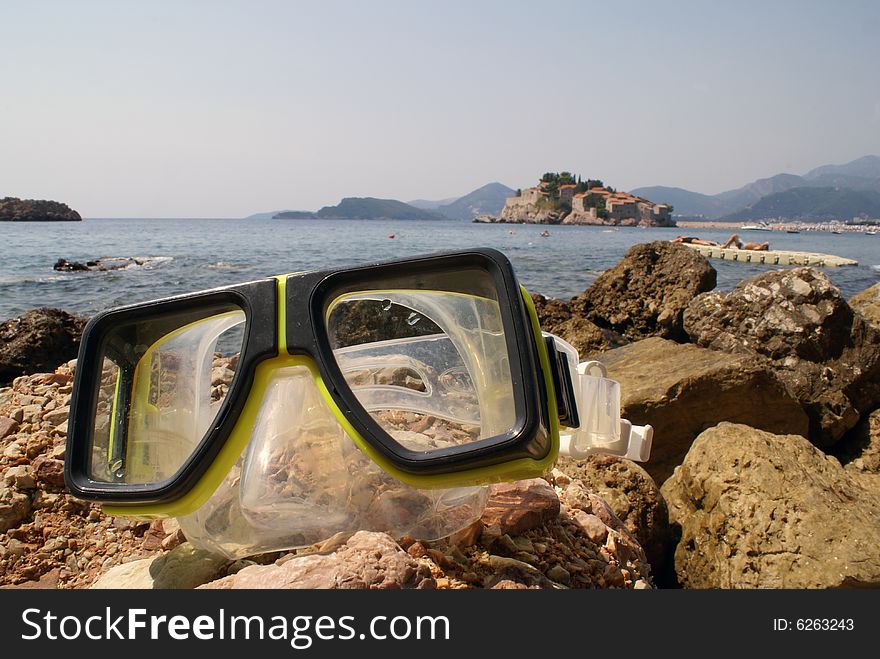 A view with diving mask on Montenegro Sv. Stefan island. A view with diving mask on Montenegro Sv. Stefan island.