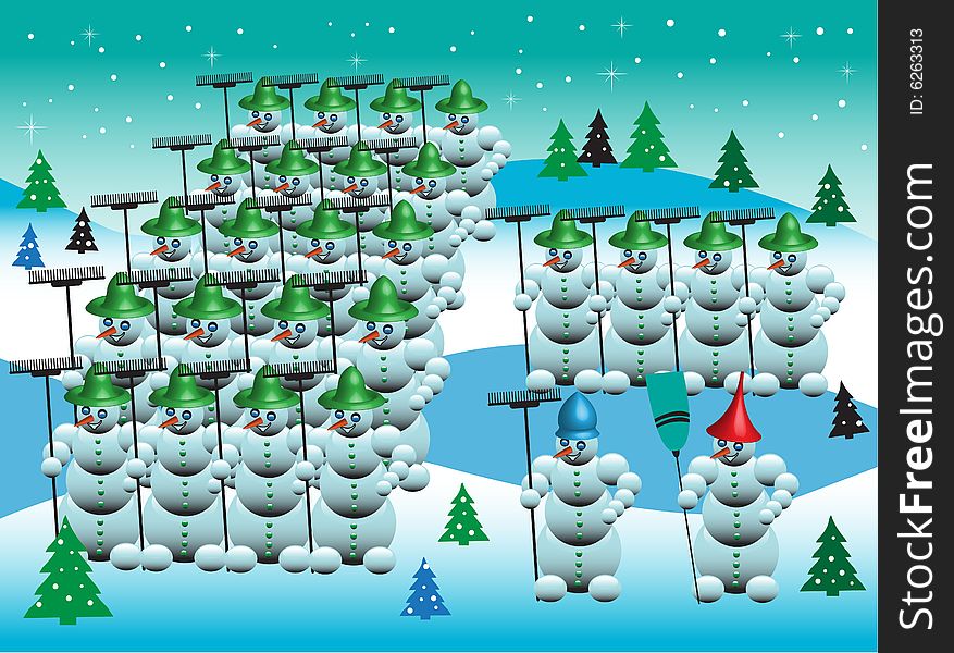 Abstract colored background with snowmen army wearing rakes and standing on snowy hills among fir trees