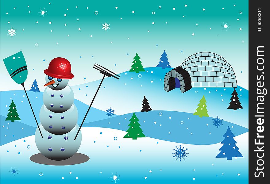 Abstract colored illustration with snowman wearing a red hat, colorful firs and igloo built on a hill. Abstract colored illustration with snowman wearing a red hat, colorful firs and igloo built on a hill
