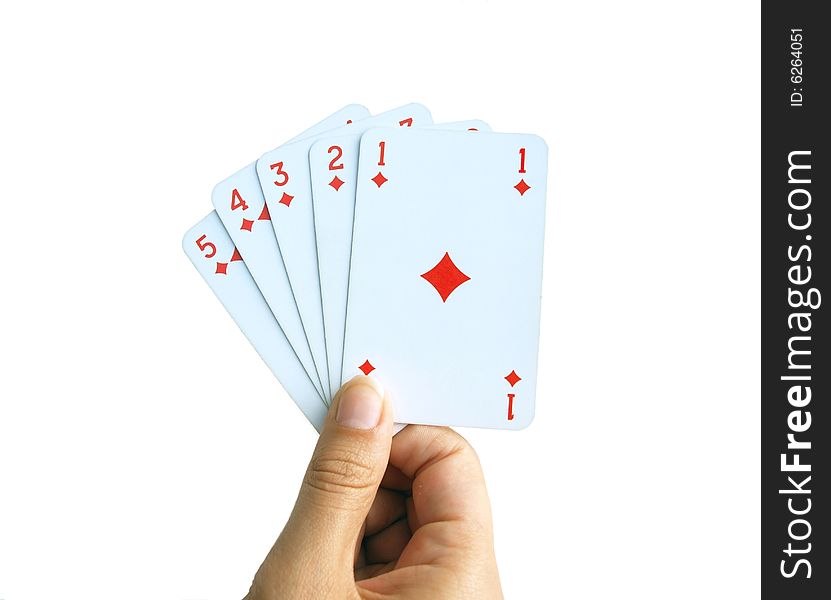 Close up of a hand holding 5 playing cards, ace to five of diamonds, on a white background. Close up of a hand holding 5 playing cards, ace to five of diamonds, on a white background.