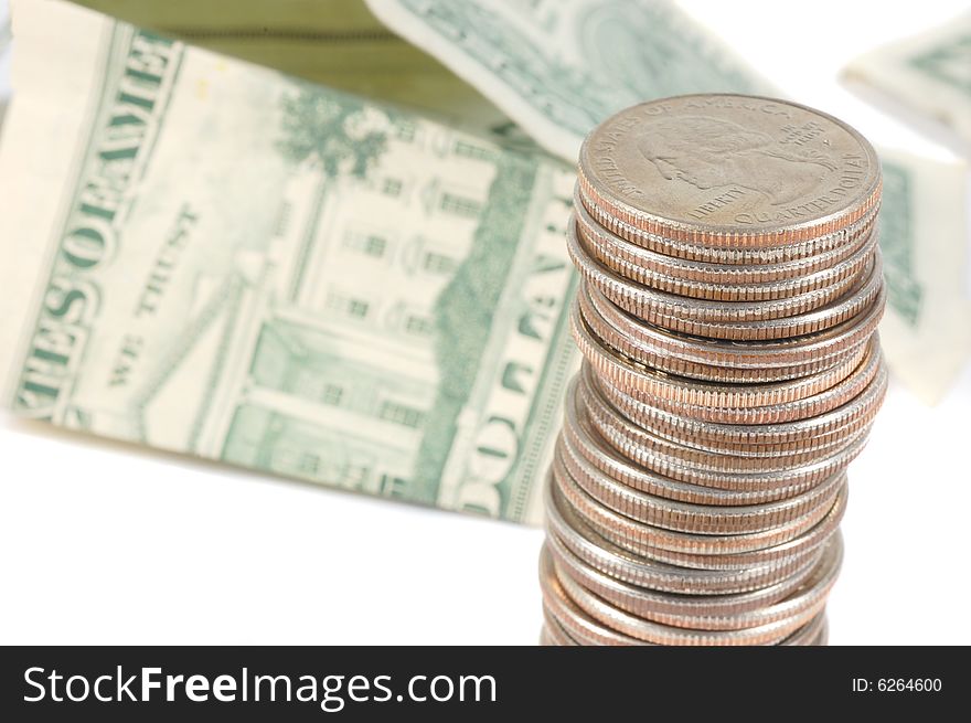 Coins and Bills isolated on a white background