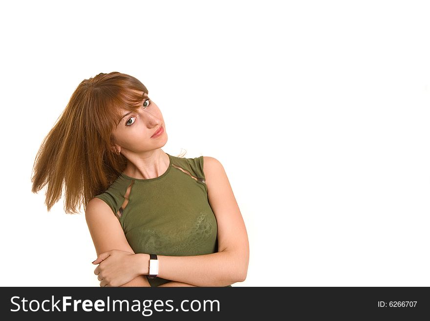 Fitness girl in green t-shirt isolated on white background with lot of copy-space. Fitness girl in green t-shirt isolated on white background with lot of copy-space