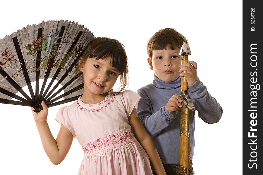 Boy with sword and girl with fan on white. Boy with sword and girl with fan on white