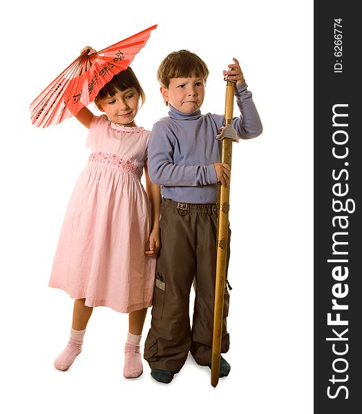 Boy with sword and girl with fan on white. Boy with sword and girl with fan on white