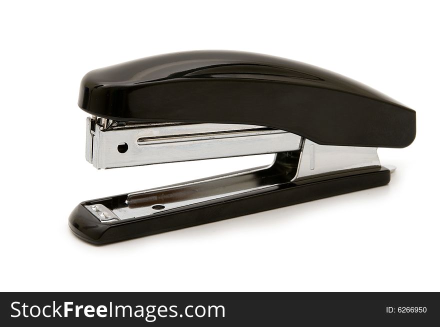 Black stapler on white background