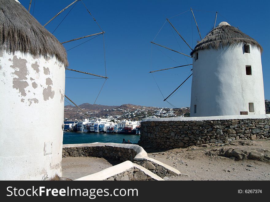 Three of the famous windmills in Mykonos island, Greece. Three of the famous windmills in Mykonos island, Greece