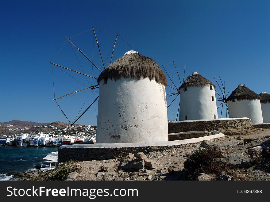 Three of the famous windmills in Mykonos island, Greece. Three of the famous windmills in Mykonos island, Greece