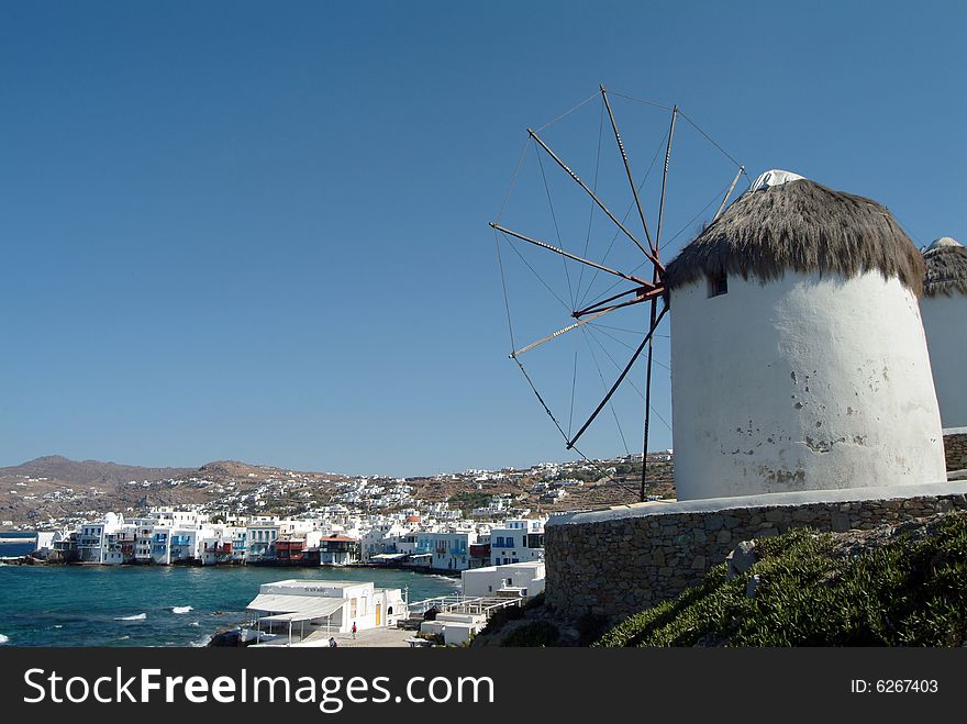 Three of the famous windmills in Mykonos island, Greece. Three of the famous windmills in Mykonos island, Greece