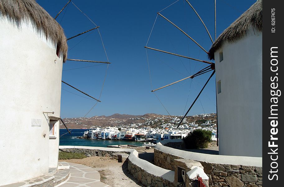 Three of the famous windmills in Mykonos island, Greece. Three of the famous windmills in Mykonos island, Greece