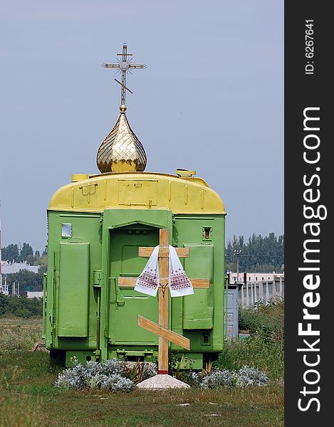 Russian orthodox church in the railway wagon. Odessa region. Ukraine