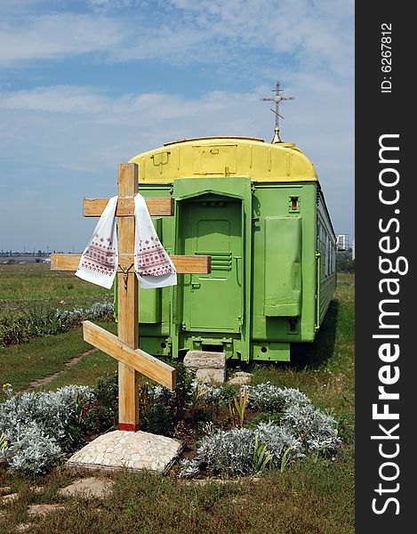 Russian orthodox church in the railway wagon. Odessa region. Ukraine