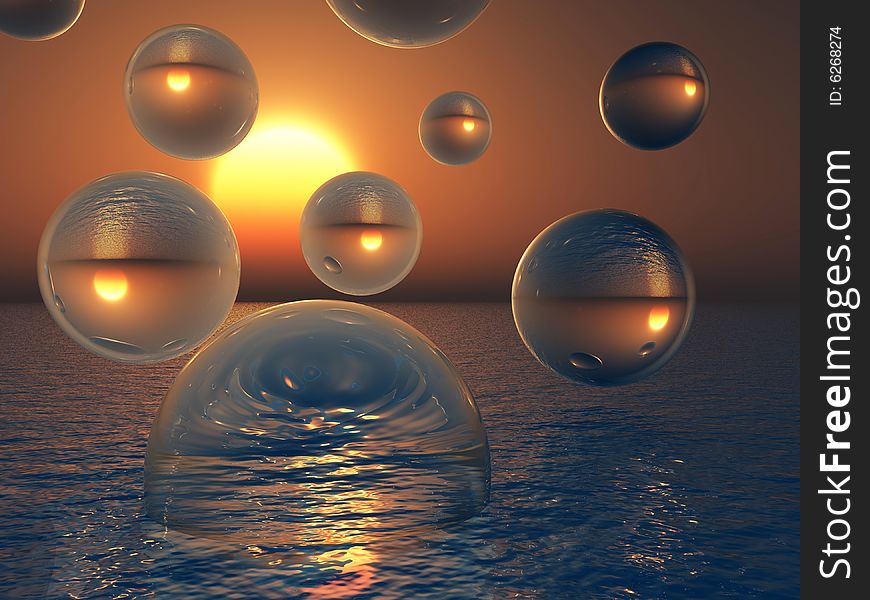 Rising water balls - digital artwork.