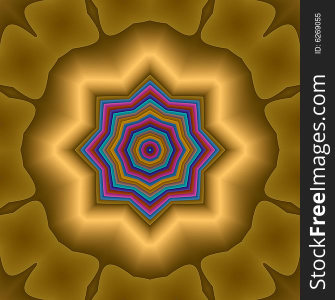 Abstract fractal image resembling a golden rainbow star compass