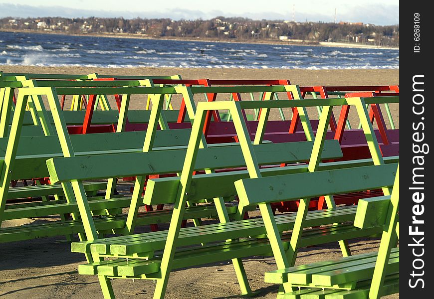 A lot of benches on the Estonian beach. A lot of benches on the Estonian beach