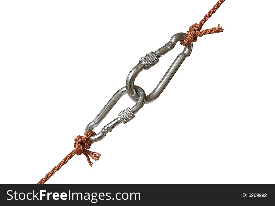 Two fastened clasps hanging with rope on white background