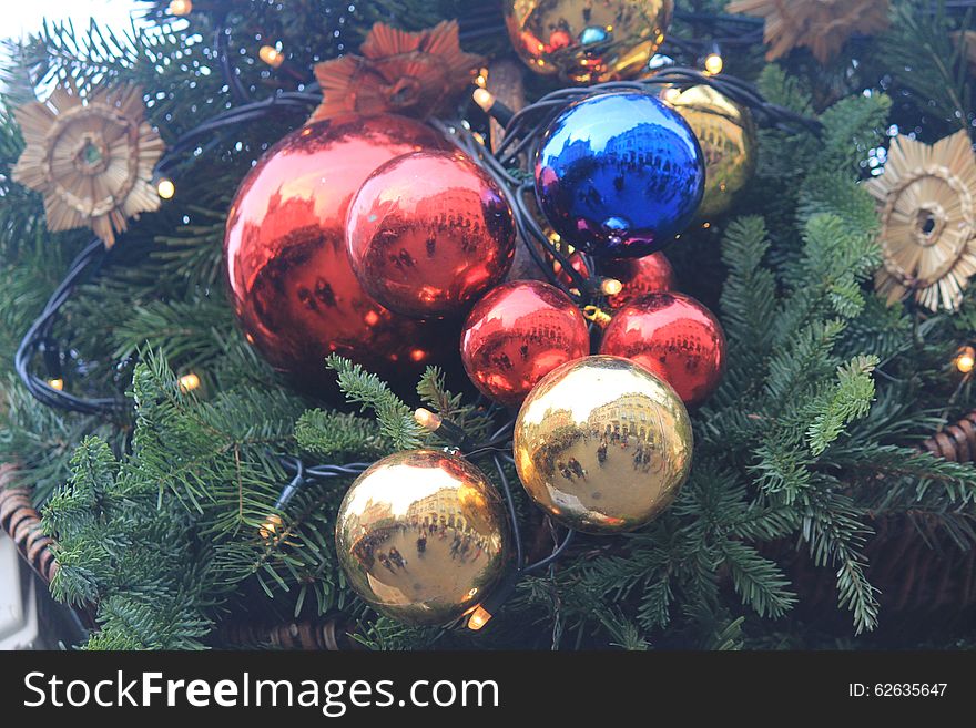 Decorations on the tree in the Christmas Market in Cologne, Germany. Decorations on the tree in the Christmas Market in Cologne, Germany