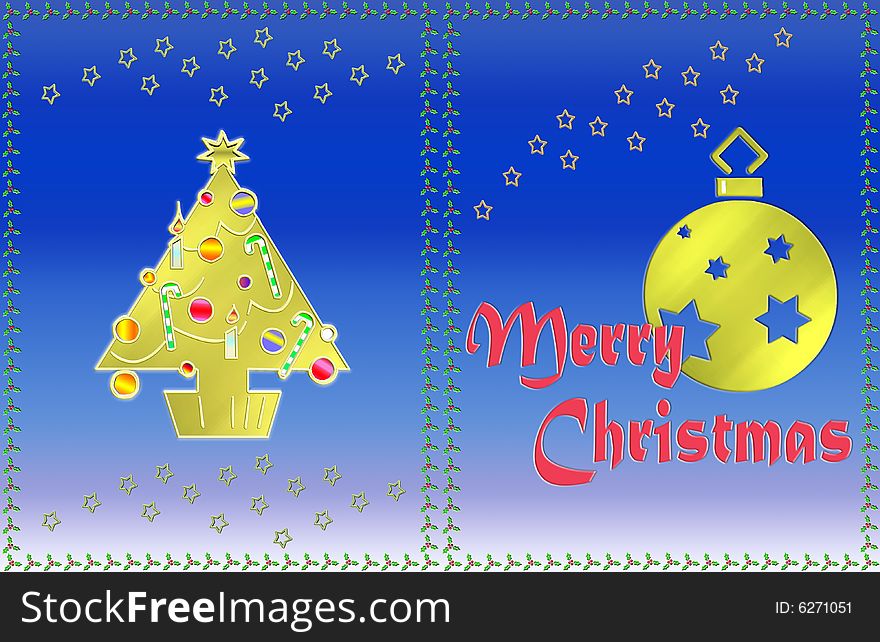 Christmas card with Christmas symbols and written merry christmas