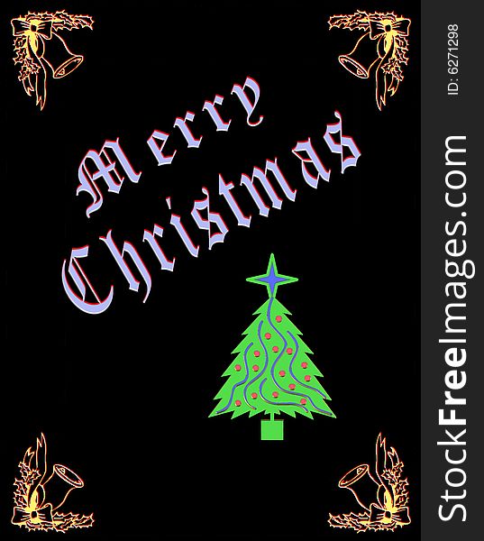 Christmas card with Christmas symbols and written merry christmas