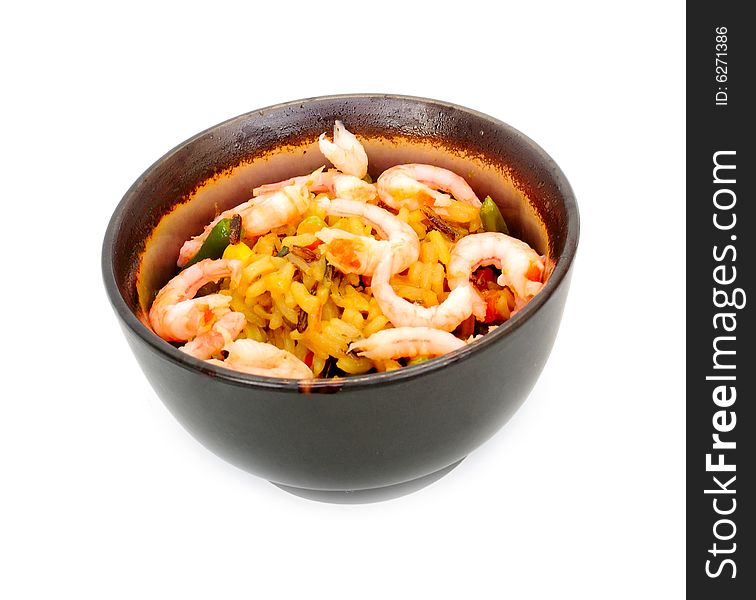 Healthy food - rice, shrimps and vegetables in bowl. Healthy food - rice, shrimps and vegetables in bowl