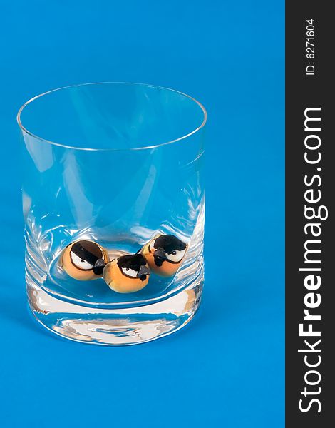 Three birds in a glass on blue background