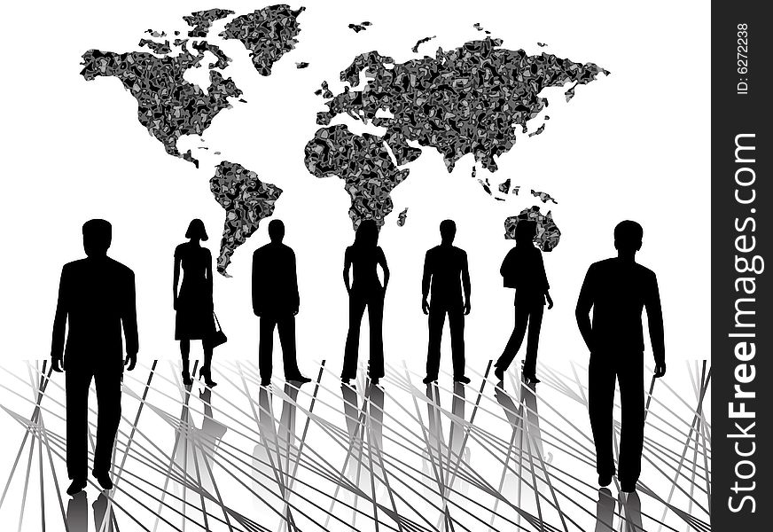 Illustration of business people and map