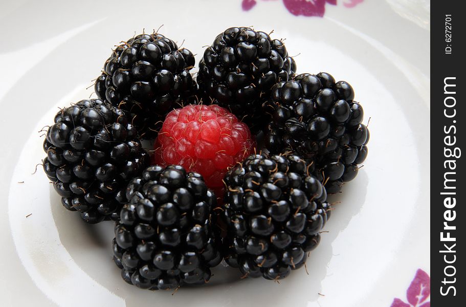 Porcelain dish with a fresh blackberry and raspberry