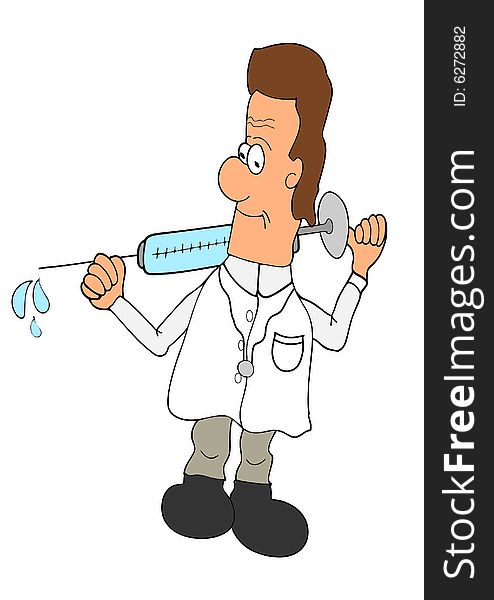 This illustration depicts a doctor with an enormous injector