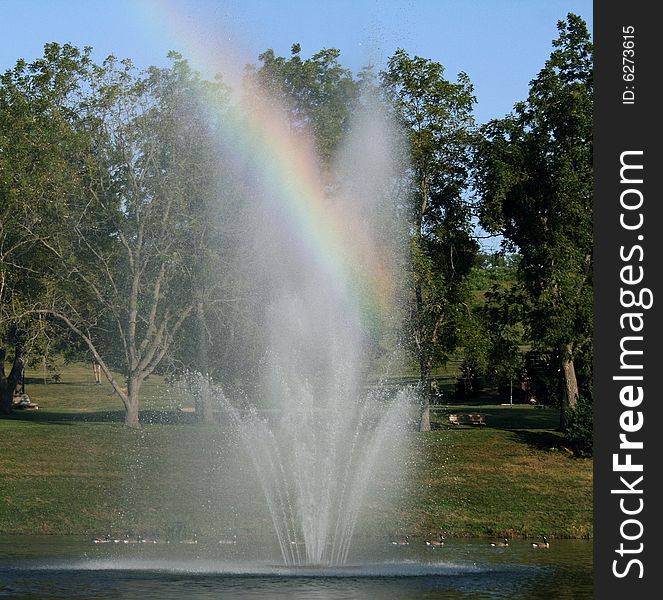 Prism effect of sunlight on fountain mist.  Canadian geese swimming by. Prism effect of sunlight on fountain mist.  Canadian geese swimming by.