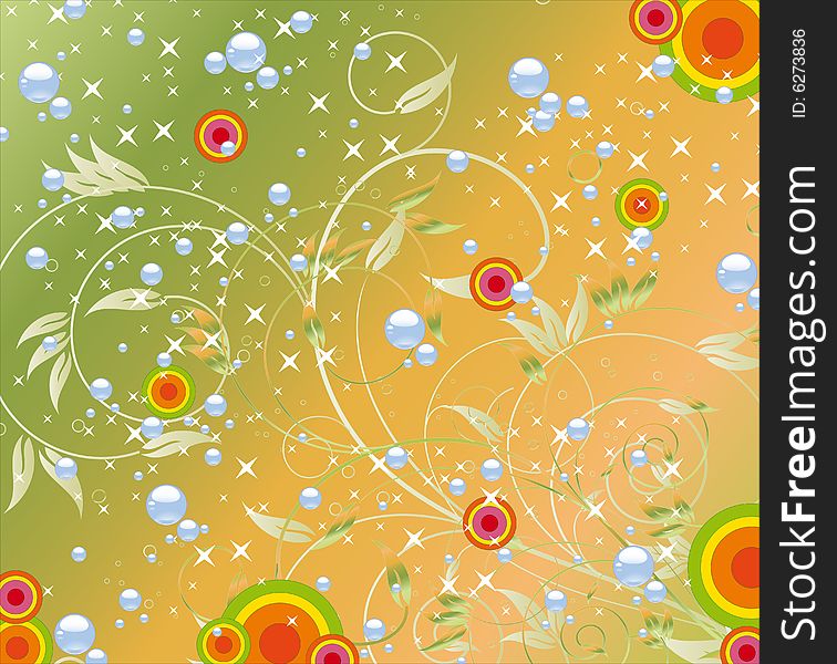 Illustration with flowers and color circles and bubbles. Illustration with flowers and color circles and bubbles