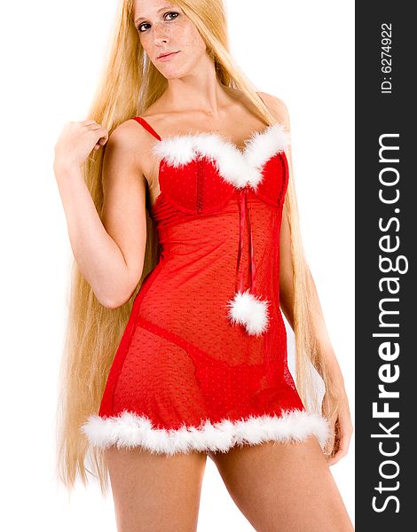 Studio portrait of blond Christmas girl with very long blond hair tempting you. Studio portrait of blond Christmas girl with very long blond hair tempting you