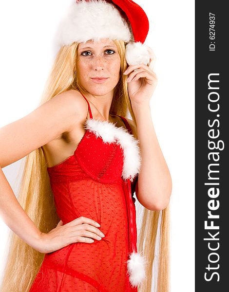 Studio portrait of blond Christmas girl with very long blond hair posing for you. Studio portrait of blond Christmas girl with very long blond hair posing for you