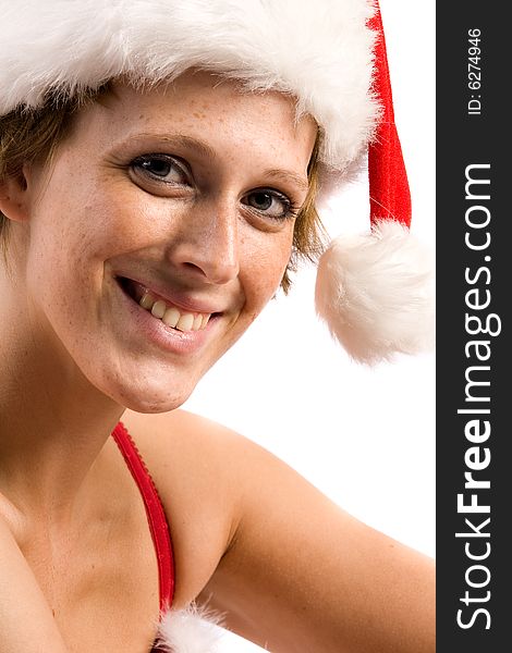 Studio portrait of blond Christmas girl smiling at you. Studio portrait of blond Christmas girl smiling at you