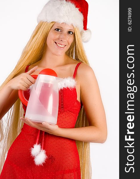 Studio portrait of blond Christmas girl with very long blond hair and a thermos can. Studio portrait of blond Christmas girl with very long blond hair and a thermos can