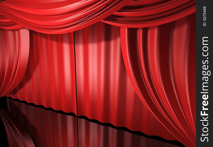 Red stage theater drapes open. Red stage theater drapes open