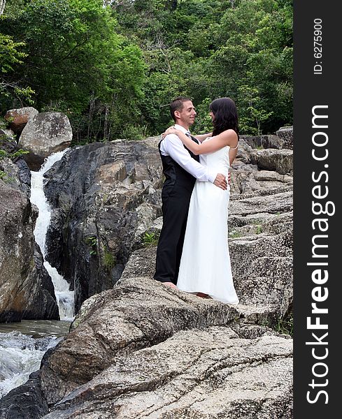 Happy bride and groom on their wedding day.