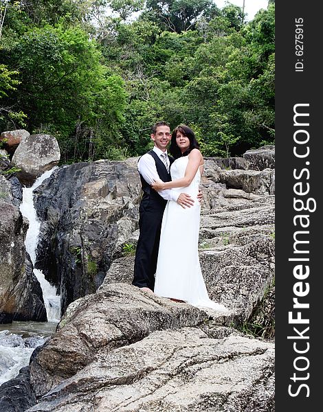 Happy bride and groom on their wedding day.