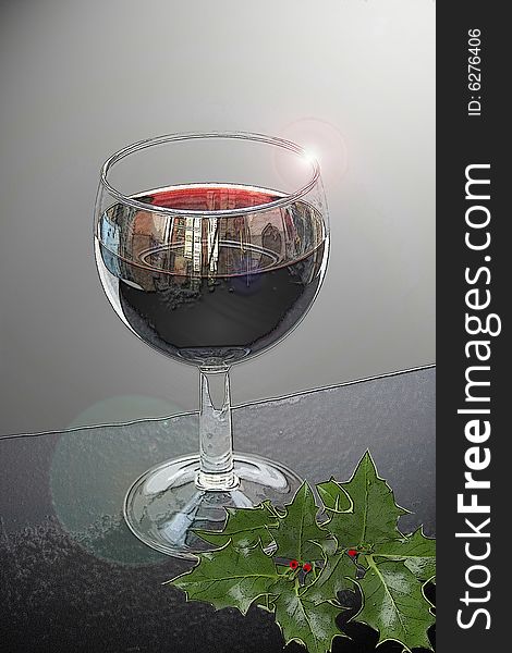 A digitally transformed wine glass with red wine on a surface with holly. A digitally transformed wine glass with red wine on a surface with holly