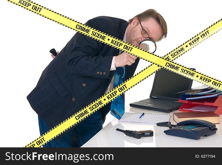 CSI investigator researching office crime scene, taking fingerprints, weapon in foreground, white background, studio shot. CSI investigator researching office crime scene, taking fingerprints, weapon in foreground, white background, studio shot.