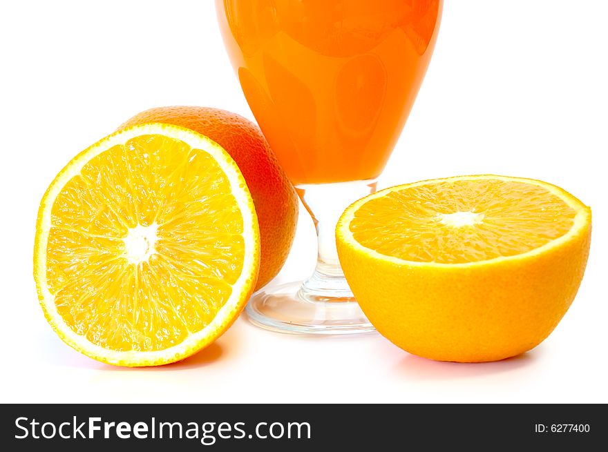 Orange juice in glass and oranges on isolated background. Orange juice in glass and oranges on isolated background.