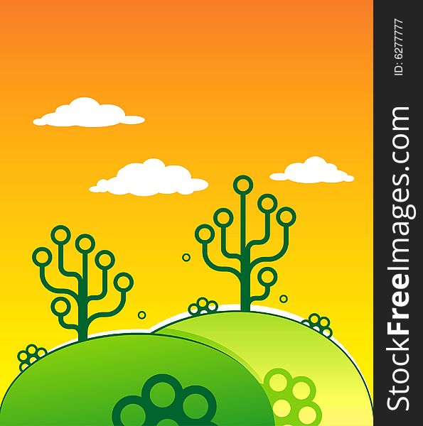 Green vector hills with abstract trees