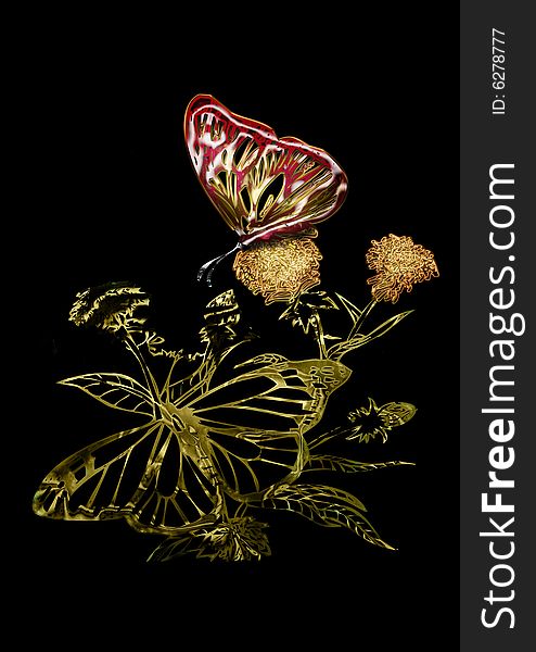 An abstract illustrated background with a butterfly on a golden design. An abstract illustrated background with a butterfly on a golden design.