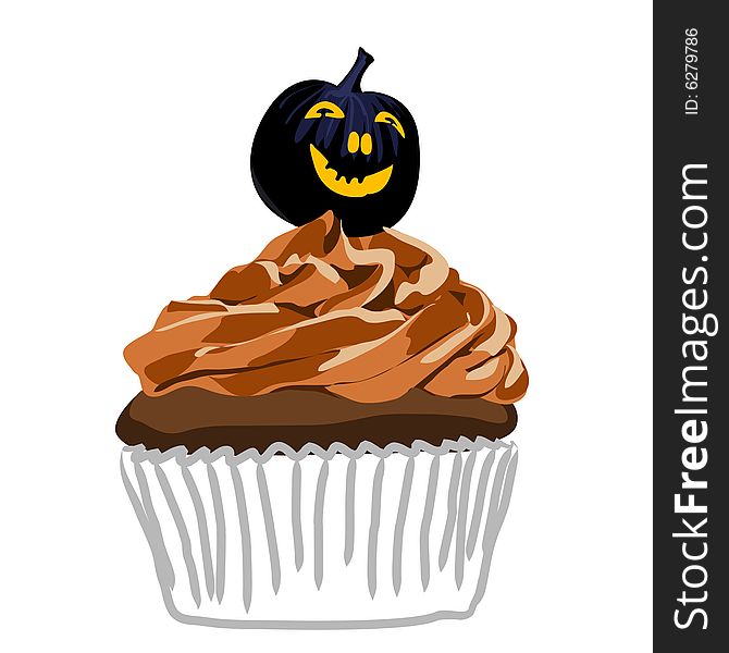 Illustration of halloween cupcake with Jack O'Lantern pumpkin candy on the top