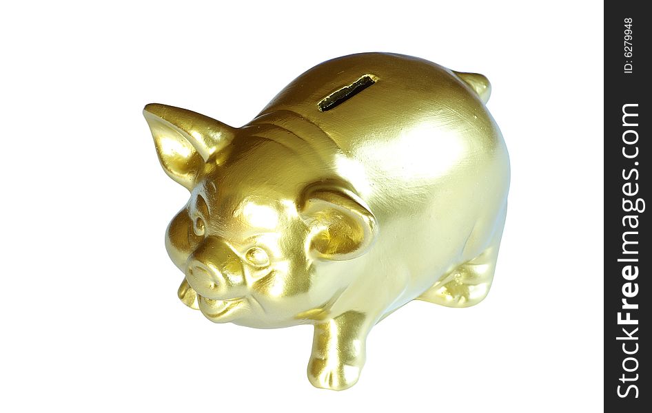 Golden piggy bank isolated on white