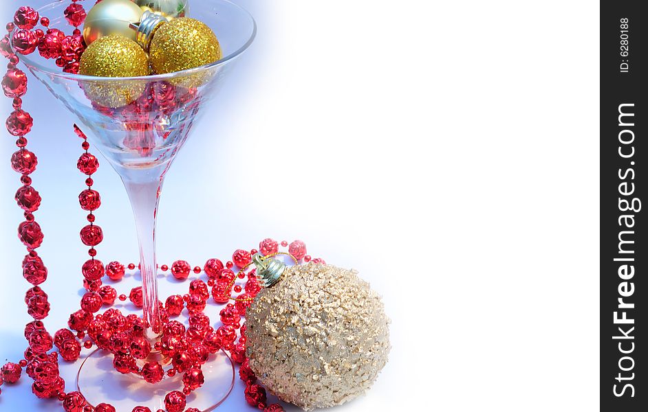 Christmas decoration - glass, ball and red garland. Christmas decoration - glass, ball and red garland