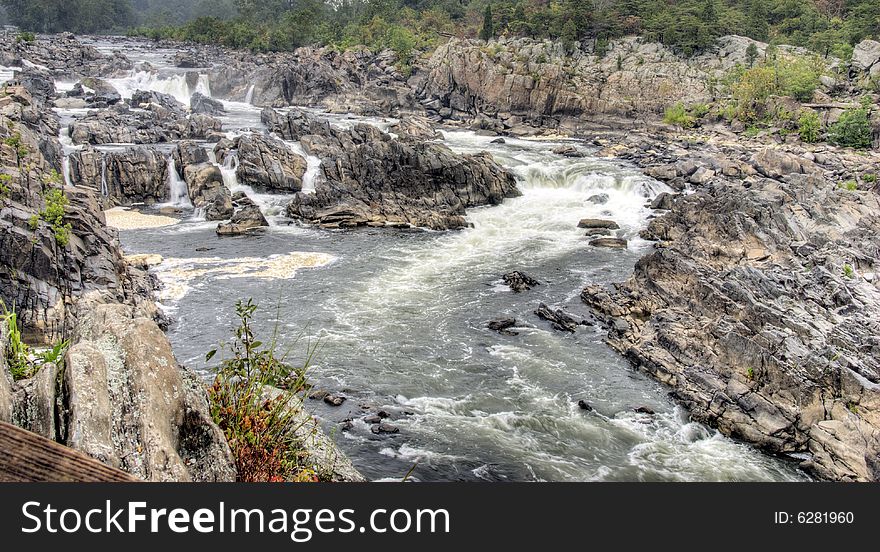 The Great Fall of the Potomac-The falls consist of cascading rapids and several 20 foot waterfalls, with a total 76 foot drop in elevation over a distance of less than a mile. The Great Fall of the Potomac-The falls consist of cascading rapids and several 20 foot waterfalls, with a total 76 foot drop in elevation over a distance of less than a mile.