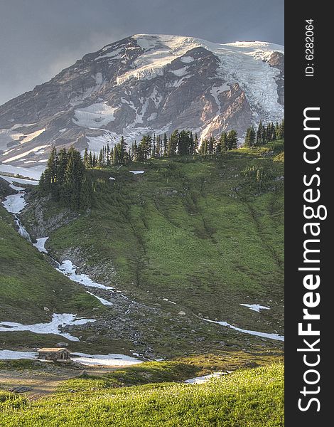 Mountain cabin provide shelter to Mt. Rainer mountain sojourners.